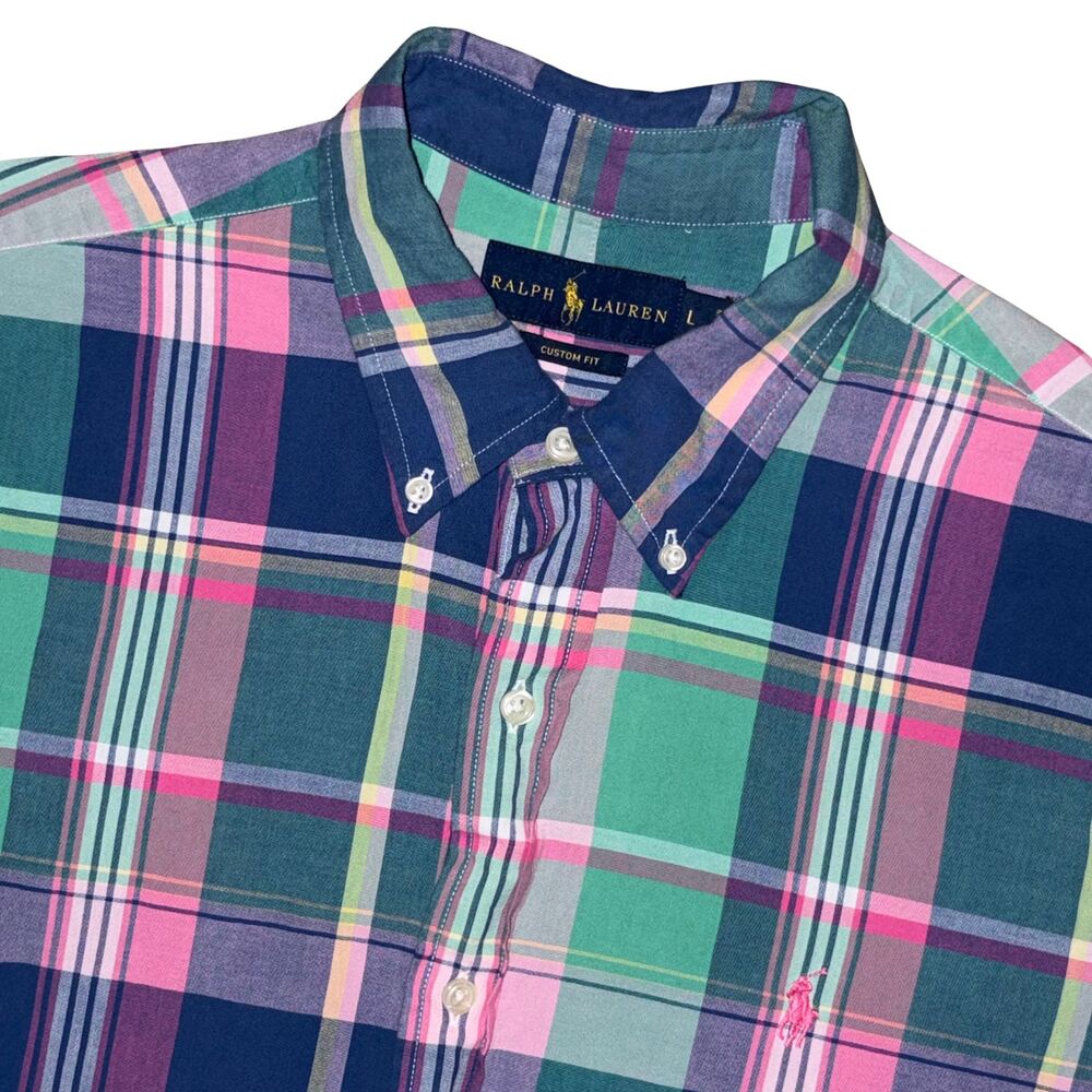 Ralph Lauren Indian Bleeding Madras Plaid Blue Green Cotton Custom Fit Large